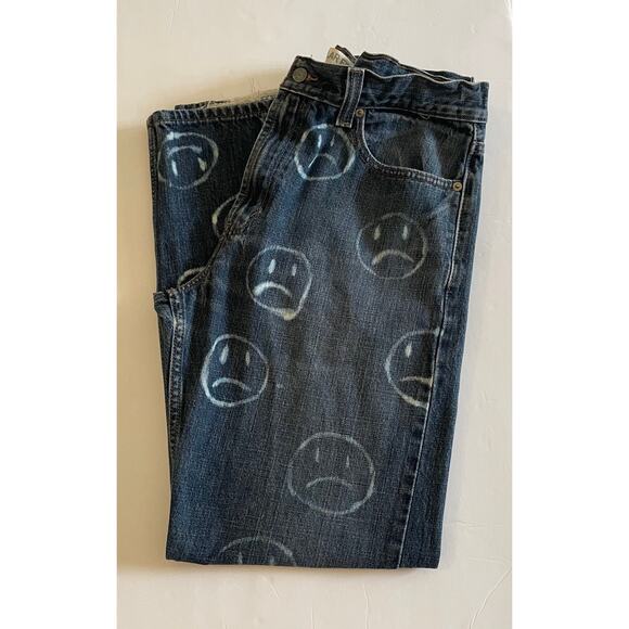 LEVI'S 505 Regular Fit Bleach Smiley Face Denim Jeans Frayed Hem Size 34/30 - Picture 3 of 16